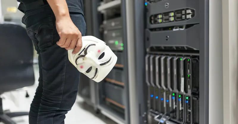 Person holding anonymous mask near servers, hinting at cybersecurity and hacking themes.