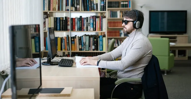 A blind man uses a computer with headphones in a library, highlighting technology