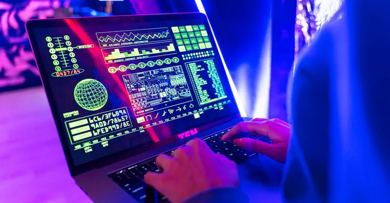 Person typing on a laptop with vibrant digital data display, highlighting cyber security.