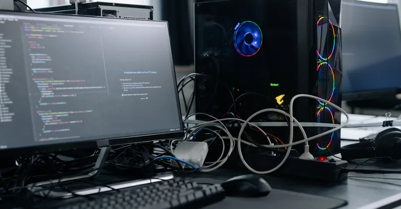 A modern workspace featuring a computer monitor with code, a PC tower, and peripherals.