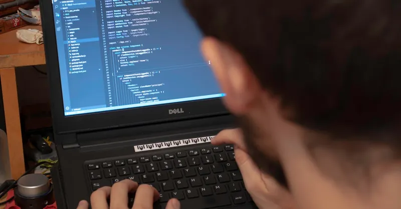 Close-up view of a programmer typing code on a laptop in a workspace.