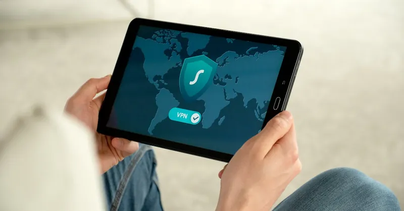 Person holding tablet with VPN connection screen for secure internet browsing.