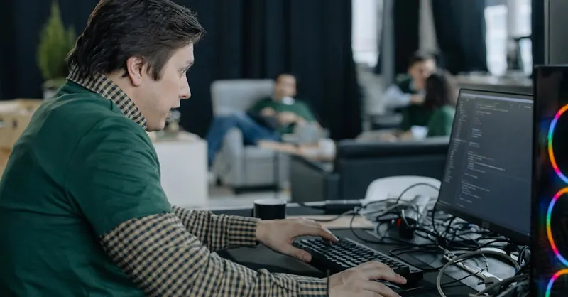Male programmer concentrating on coding at a computer in a contemporary office setting.