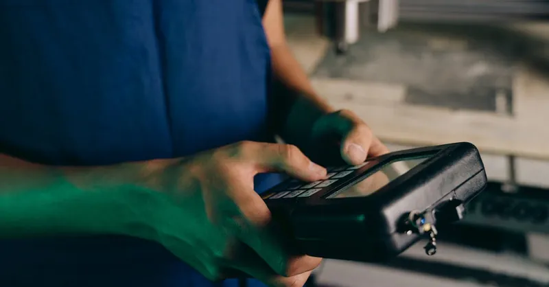 Close-up of technician using a handheld control device in a manufacturing setting.